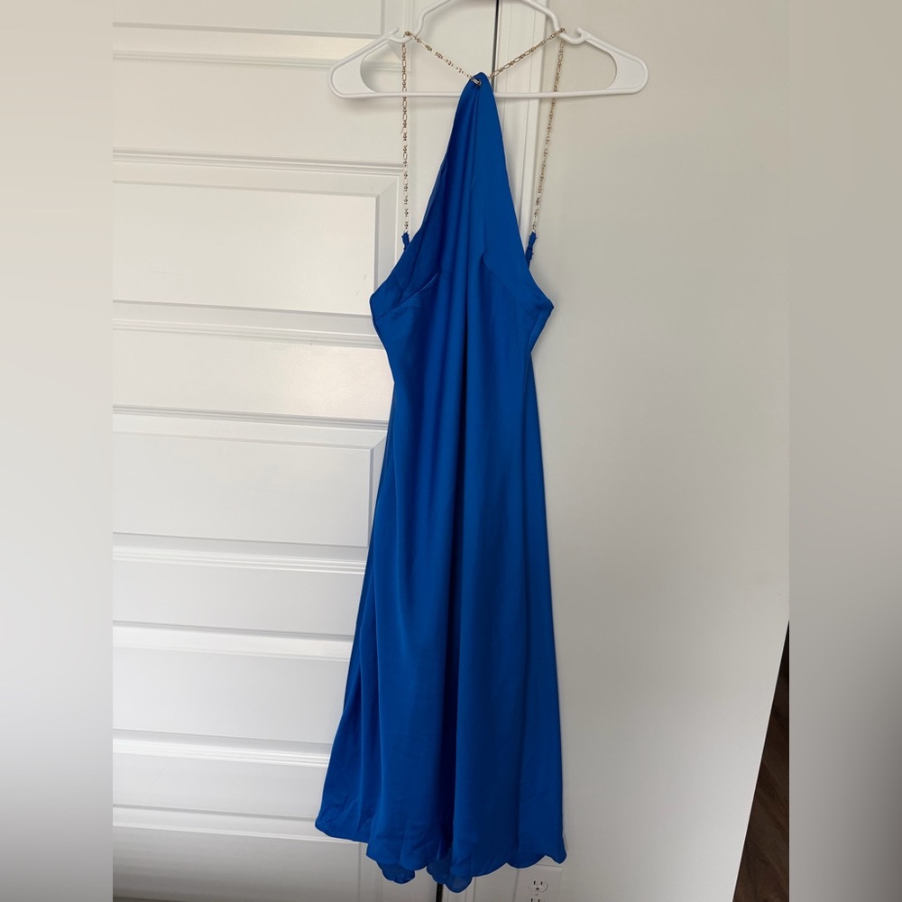Vici Blue Halter Satin Dress with Chain